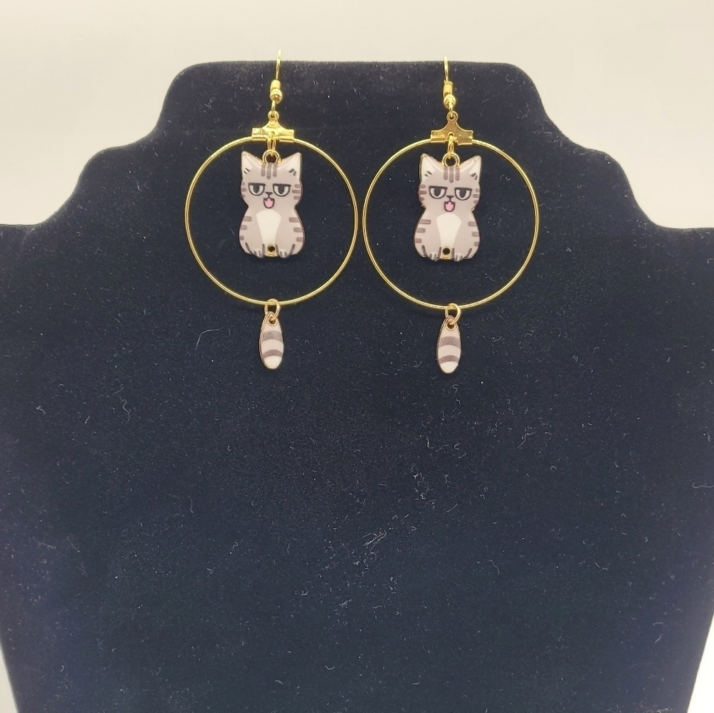 Enamel Cat Hoop Earrings with Swinging Tails​​​ - Picture 3 of 4